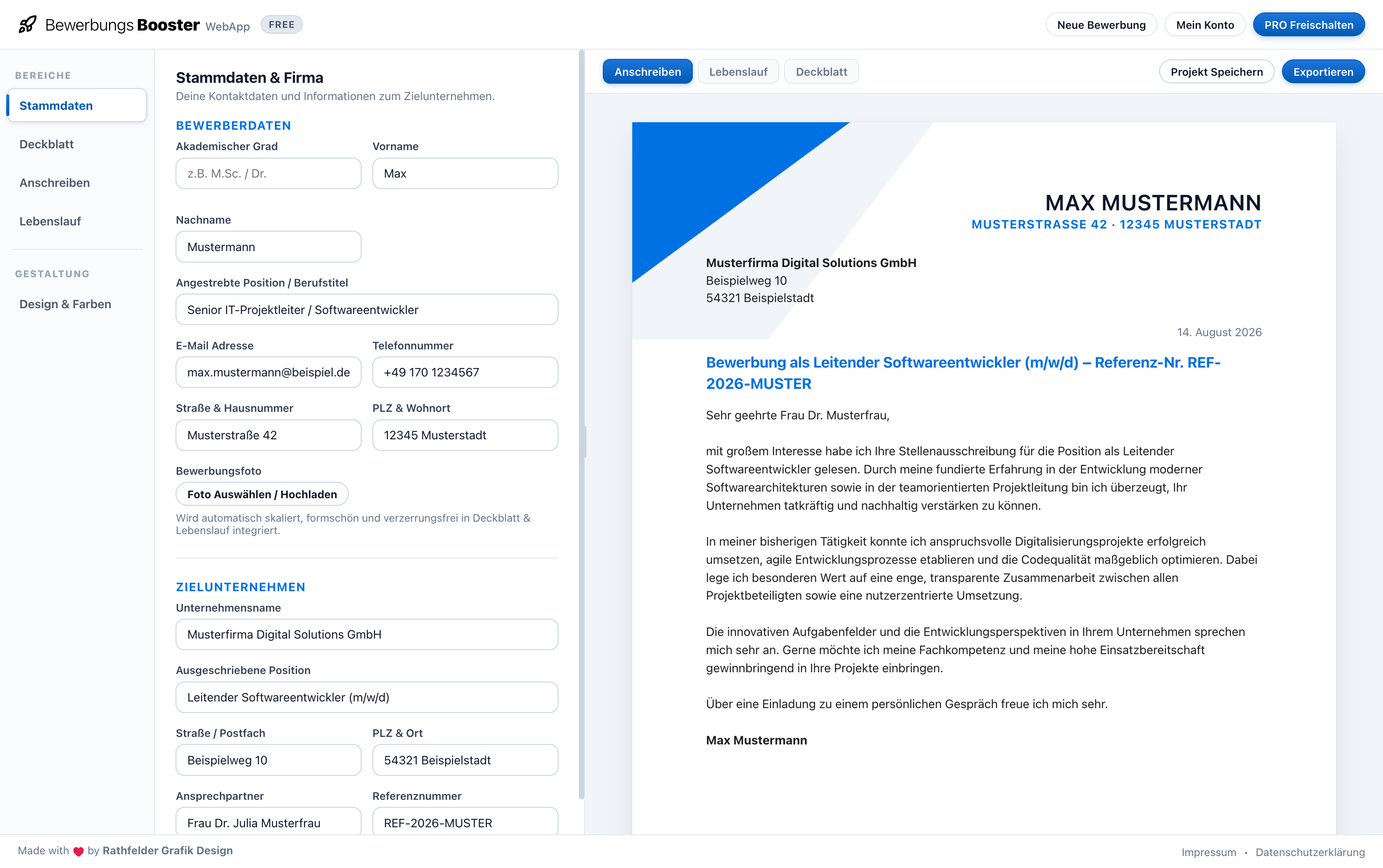 BewerbungsBooster WebApp Benutzeroberfläche & Echtzeit-Editor