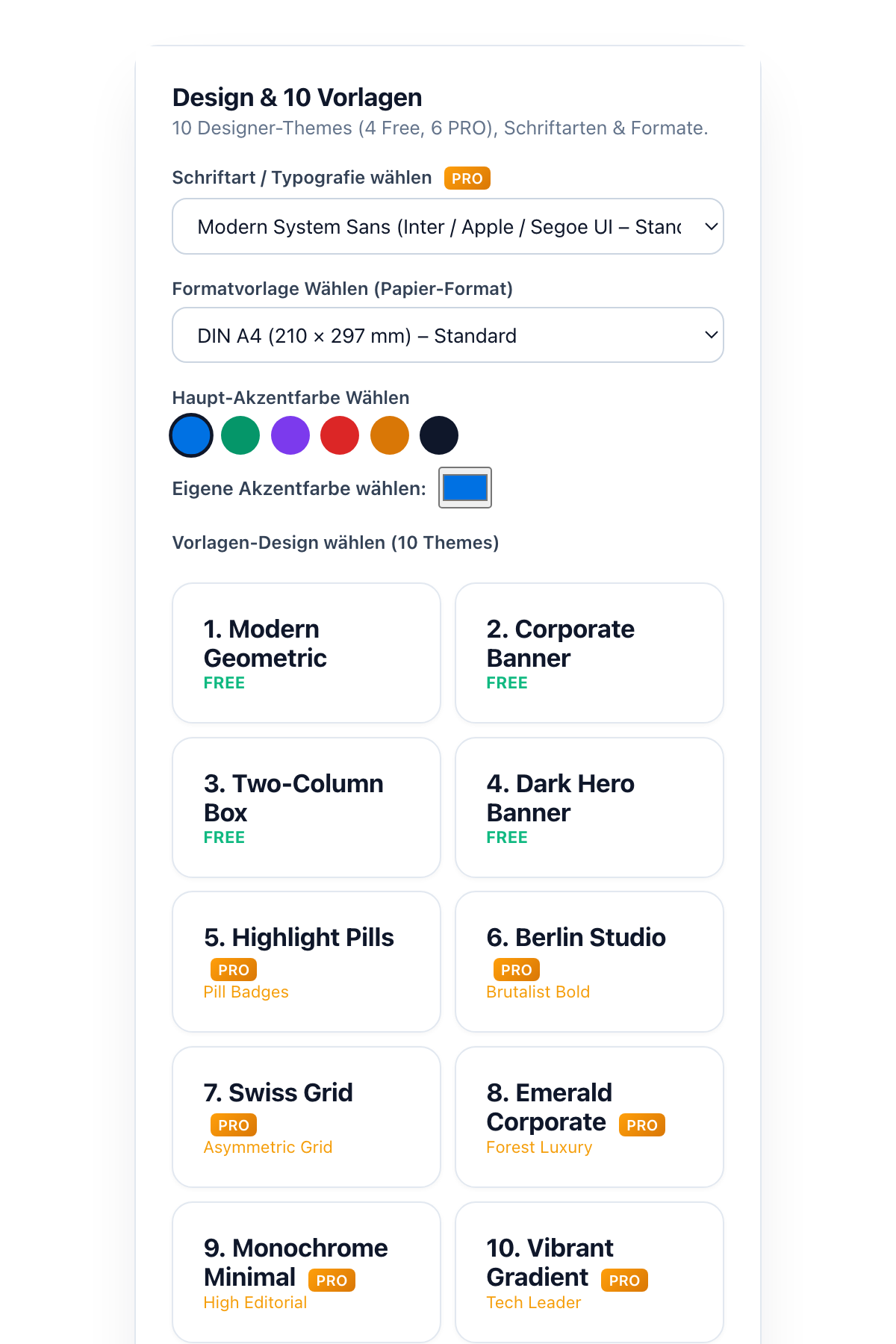 10 Designer Themes und Typografie-Optionen in der BewerbungsBooster WebApp